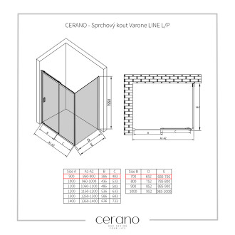 CERANO Sprchový kout Varone LINE L/P černá mat, transparent sklo 90x70 posuvný