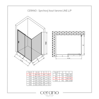 CERANO Sprchový kout Varone LINE L/P černá mat, transparent sklo 90x90 posuvný
