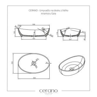 CERANO Umyvadlo na desku z litého mramoru Gaia černá matná 55x35 cm CER-WB12B