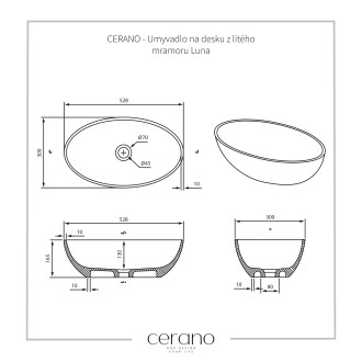CERANO Umyvadlo na desku z litého mramoru Luna bílá matná 52,8x30,9 cm CER-WB19