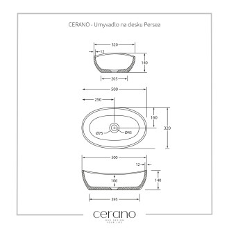CERANO Umyvadlo na desku z litého mramoru Persea černá matná 50x32 cm CER-WB23B