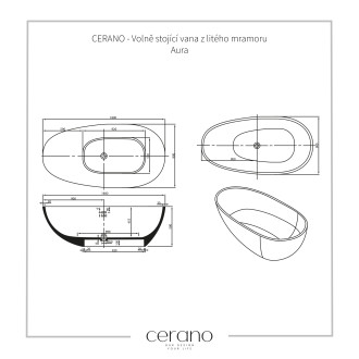 CERANO Volně stojící vana z litého mramoru Aura bílá matná 180x90 cm CER-VELA1050W