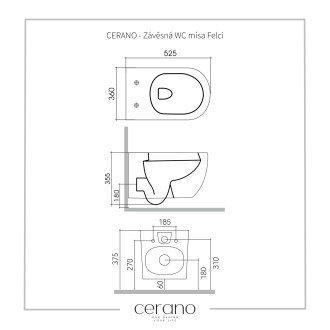 CERANO Závěsná WC mísa Felci, Rimless + UF sedátko bílá lesklá 36x52,5 cm CER-417377