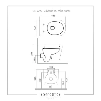 CERANO Závěsná WC mísa Norbi, Rimless + UF sedátko bílá lesklá 36,5x48,5 cm CER-417380
