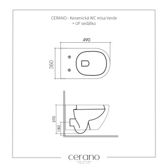 CERANO Závěsná WC mísa Verde, Rimless + UF sedátko bílá matná 36x49 cm CER-417353