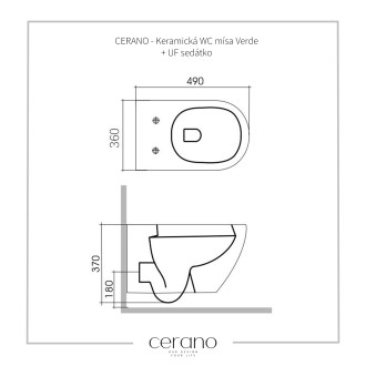 CERANO Závěsná WC mísa Verde, Rimless + UF sedátko černá lesklá 36x49 cm CER-417347