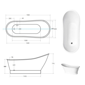 BESCO vana volně stojící GLORIA 1600x680 mm, bílá barva, litý mramor VANPAO16W