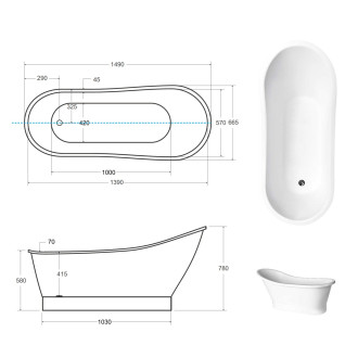 BESCO vana volně stojící GLORIA 1500x660 mm, bílá barva, litý mramor VANPAO15W