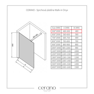 CERANO Sprchová zástěna Walk-in Onyx T L/P  +držák chrom, transparent sklo 80x50