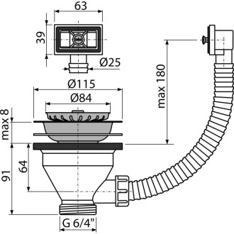 ALCA  A38 "Výpust dřezová 6/4"" s nerezovou mřížkou DN115 a flexi přepadem"