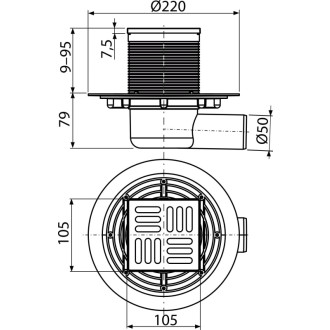ALCA  APV101 Podlahová vpust 105×105/50 mm boční, mřížka nerez, vodní zápachová uzávěra