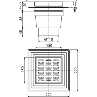 ALCA  APV11 Podlahová vpust 150×150/110 mm přímá, vodní zápachová uzávěra