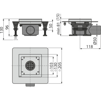 ALCA APV120 Podlahová vpust nerezová nízká 130×130 mm boční, bez mřížky, zápachový uzávěr