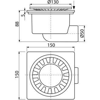 ALCA  APV15 Podlahová vpust 150×150/50 mm boční, mřížka bílá, vodní zápachová uzávěra