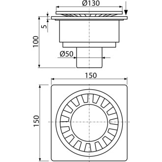 ALCA  APV16 Podlahová vpust 150×150/50 mm přímá, mřížka šedá, vodní zápachová uzávěra
