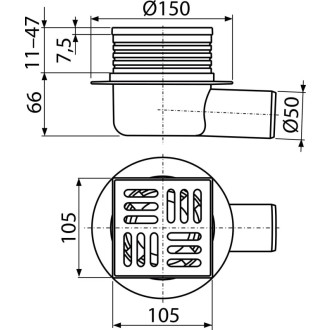 ALCA  APV26 Podlahová vpust 105×105/50 mm boční, mřížka nerez, vodní zápachová uzávěra