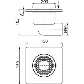ALCA  APV3 Podlahová vpust 150×150/50 mm boční, mřížka šedá, vodní zápachová uzávěra