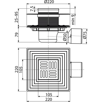 ALCA  APV3344 Podlahová vpust 105×105/50/75 mm boční, mřížka nerez, zápachová uzávěra