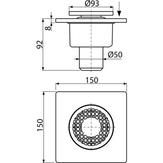 ALCA  APV4 Podlahová vpust 150×150/50 mm přímá, mřížka šedá, vodní zápachová uzávěra