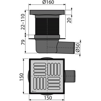 ALCA  APV5411 Podlahová vpust 150×150/50 mm boční, mřížka nerez, vodní zápachová uzávěra
