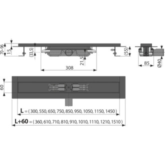 ALCA  APZ101BLACK-550 Low - Podlahový žlab s okrajem pro perforovaný rošt, černá-mat