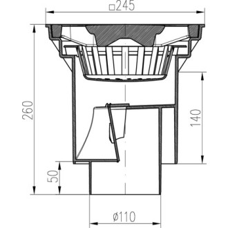 Kanalizační vpusť spodní D160/D110-250 suchá klapka, litinová mřížka SPACE