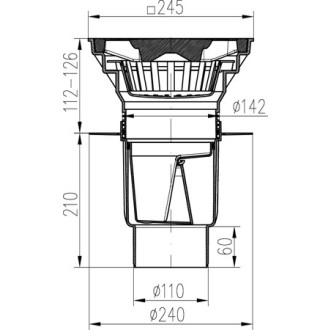Kanalizační vpusť spodní D110-250 vodní hladina, límec, litinová mřížka SPACE
