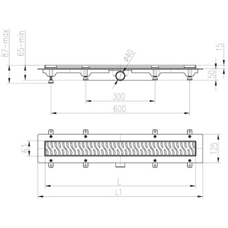 Podlahový linear. žlab černý 450 mm,boční D40, Square šerná CH 450 SC