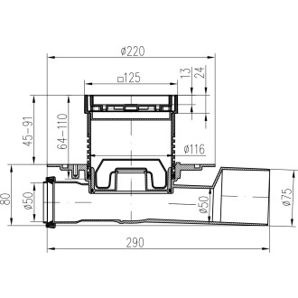 Podlahová vpusť průběžná D50/75 NEPTUN, nerez rámeček, mřížka STEEL S 427 A X