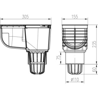Lapač střešních splavenin spodní D110 šedý, hranaté víko 325 Hs