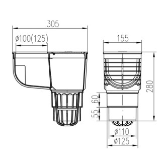 Lapač střešních splavenin spodní D110/D125, litinový povrch, pro svod D100 325 C Li/100