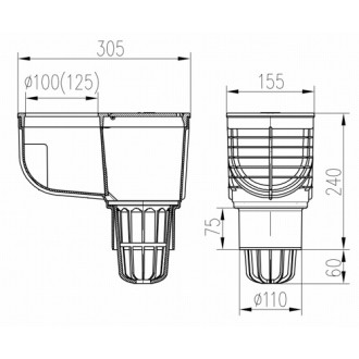 Lapač střešních splavenin spodní D110, litinový povrch, pro svod D100 325 A Li/100