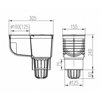 Lapač střešních splavenin spodní D125, litinový povrch, pro svod D125 325 B Li/125