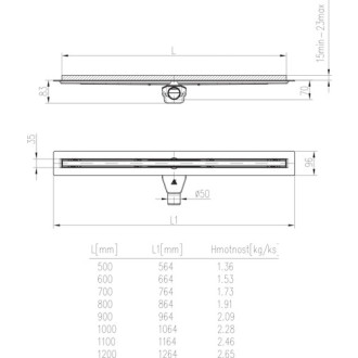 Podlahový lineární žlab Slim line 900mm, otočný boční sifon D50, mřížka Slim Premium
