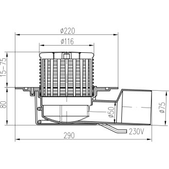 Terasová vpusť boční D50/75, topný kabel 10W TV 388 A1