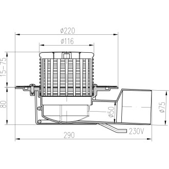 Terasová vpusť boční D50/75, příruba, topný kabel 10W TV 388 B1