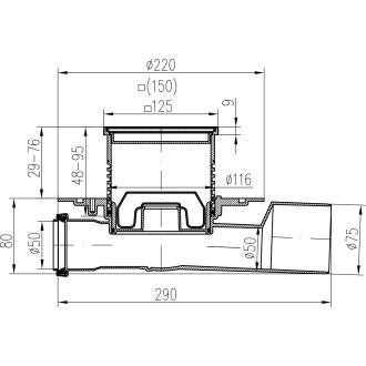 Podlahová vpusť průběžná černá D50/75 NEPTUN, nerez příruba, mřížka SUN černá 427 B X C