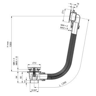 Vanová souprava bez napouštění, click-clack, délka 1200mm, zátka 72mm, černá mat 71858.21
