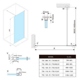 SPITZA sprchová zástěna WALK-IN, 900mm, matné sklo