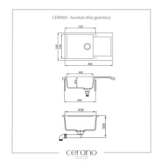 CERANO Aurelian dřez granitový, 1-komorový s odkapáv., 860x500mm černá matná LIVSQT104-B