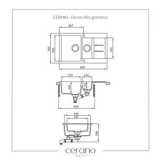 CERANO Devon dřez granitový, 1,5-komorový s odkapávačem, 800x500mm černá matná LIVSQT151-B