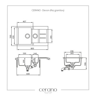 CERANO Devon dřez granitový, 1,5-komorový s odkapávačem, 800x500 mm šedá matná LIVSQT151-G