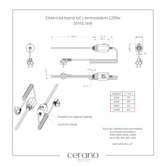 CERANO Elektrická topná tyč s termostatem 1200W černá lesklá LIV-190