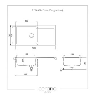 CERANO Fares dřez granitový, 1-komorový s odkapávačem, 1000x500mm černá matná LIVSQT103-B