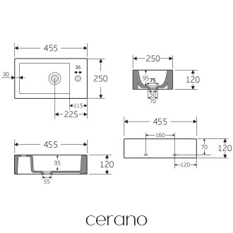 CERANO Keramické umývátko Ruggero, závěsné pravé - bílá lesklá - 44,5x25 cm CER-476993