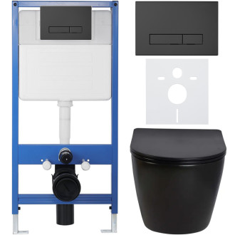 CERANO - Kompletní podomítkový WC set Lite/Verde - černá lesklá - WC tlačítko Slim, černé matné - předstěnová instalace/sádrokarton - 49x36 cm