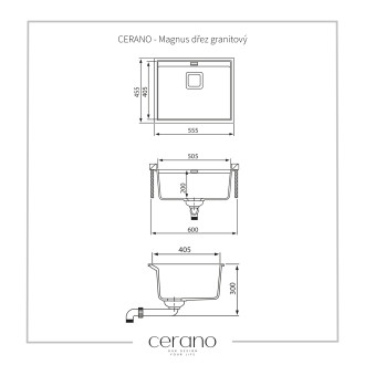 CERANO Magnus dřez granitový, 1-komorový s odkapávačem 555 x 455mm černá matná LIVSQD100-B
