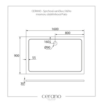 CERANO Sprchová vanička z litého mramoru obdélníková Piato bílá matná 160x90cm CER-GSR9016
