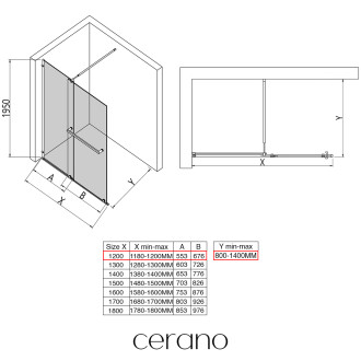 CERANO Sprchová zástěna Medin L/P černá mat, transparent sklo 120x195 dvoudílná pevná
