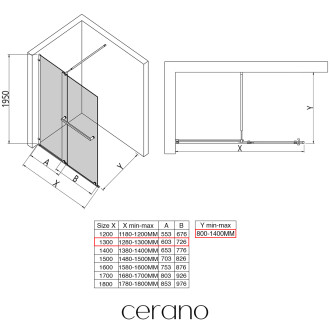 CERANO Sprchová zástěna Medin L/P černá mat, transparent sklo 130x195 dvoudílná pevná